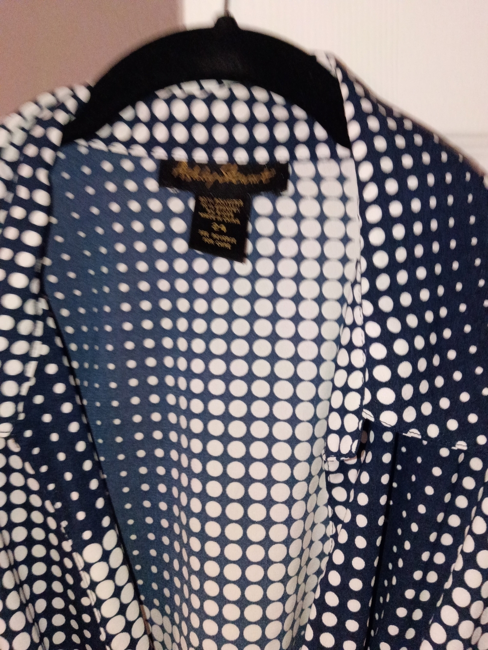 Ashley Stewart Navy and White Polka Dot Button Down Top